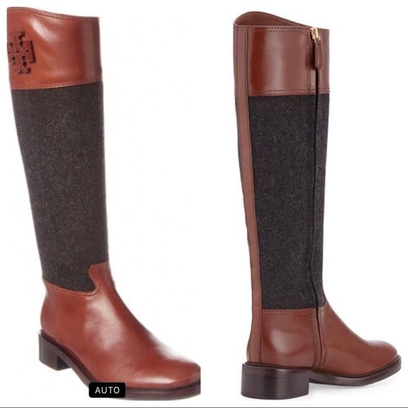 Tory burch Brown leather and Grey wool flannel Lowell Riding Boots sz 10.5 - Picture 1 of 12